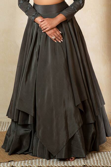 Shikha And Srishti Design_Grey Crepe, Modal Silk Floral Motif Mandarin Embroidered Top And Lehenga Set _at_Aza_Fashions