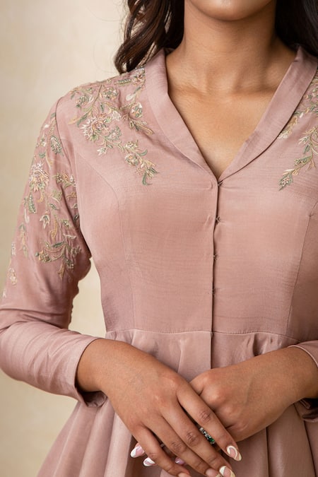 Shop_Shikha And Srishti Design_Pink Crepe Floral Motif Band Collar Asymmetric Peplum Top And Pant Set _Online_at_Aza_Fashions