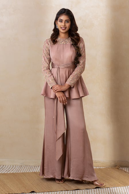 Buy Pink Crepe Embroidered Floral Motif Round Tie Up Peplum Top And Pant  Set For Women by Shikha and Srishti Design Online at Aza Fashions.