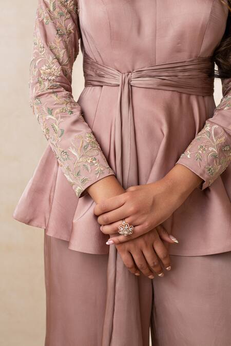 Shikha And Srishti Design_Pink Crepe Floral Motif Round Tie Up Peplum Top And Pant Set _Online_at_Aza_Fashions