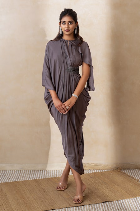 Shikha And Srishti Design_Grey Crepe Sequin Keyhole Neck Pleated Dress _Online_at_Aza_Fashions