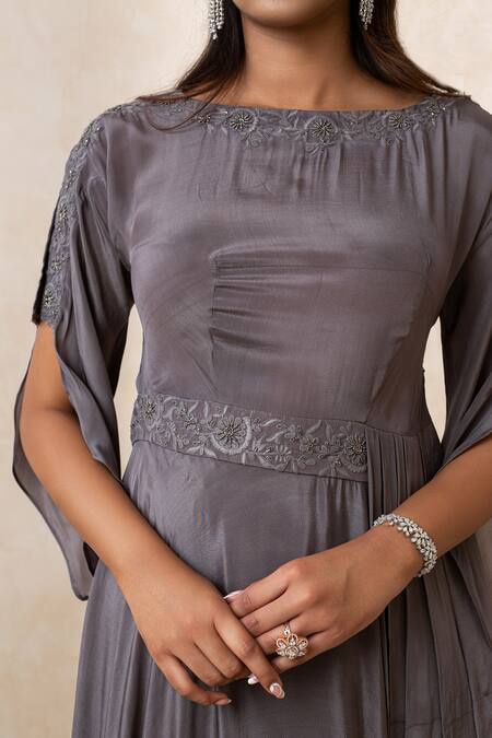 Shop_Shikha And Srishti Design_Grey Crepe Floral Motif Round Embroidered Drape Dress _Online_at_Aza_Fashions
