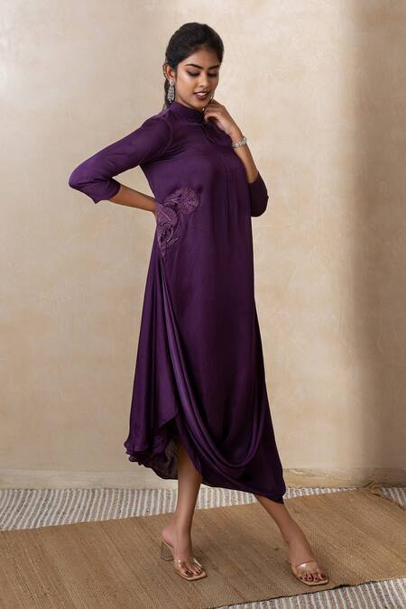 Shikha And Srishti Design_Purple Crepe Floral Motif Band Collar Draped Dress _Online_at_Aza_Fashions