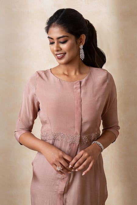 Shikha And Srishti Design_Pink Crepe Floral Motif Round Asymmetric Dress _Online_at_Aza_Fashions