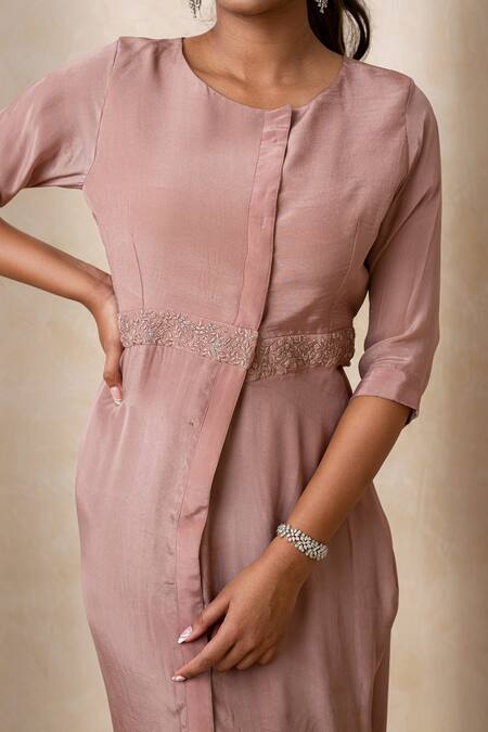 Buy_Shikha And Srishti Design_Pink Crepe Floral Motif Round Asymmetric Dress _Online_at_Aza_Fashions