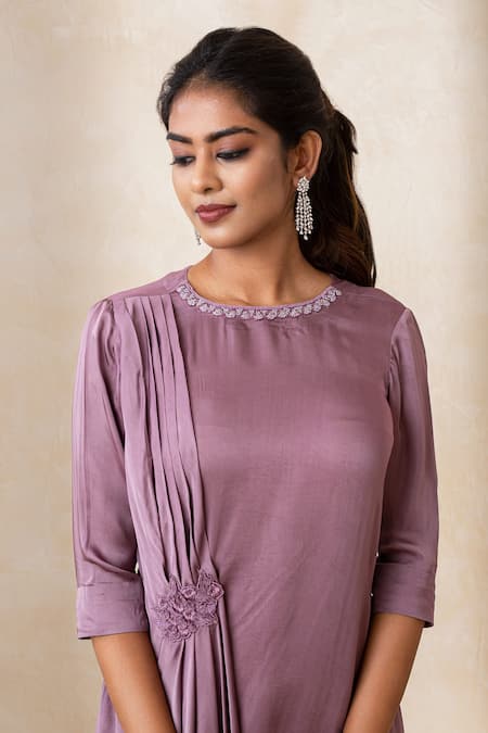 Buy_Shikha And Srishti Design_Purple Crepe Sequin Round Neck Draped Dress _Online_at_Aza_Fashions
