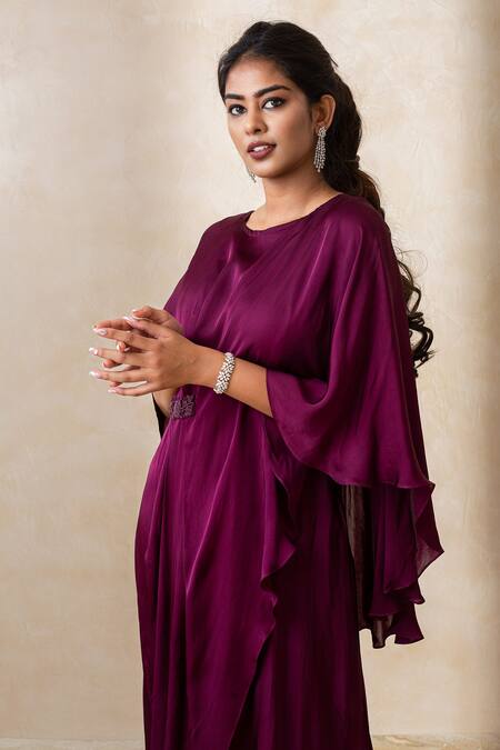Buy_Shikha And Srishti Design_Purple Crepe Beads Round Flared Sleeve Dress _Online_at_Aza_Fashions