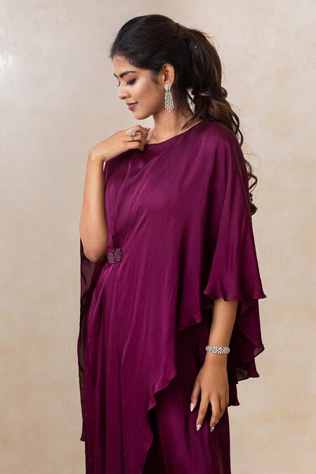 Shop_Shikha And Srishti Design_Purple Crepe Beads Round Flared Sleeve Dress _Online_at_Aza_Fashions