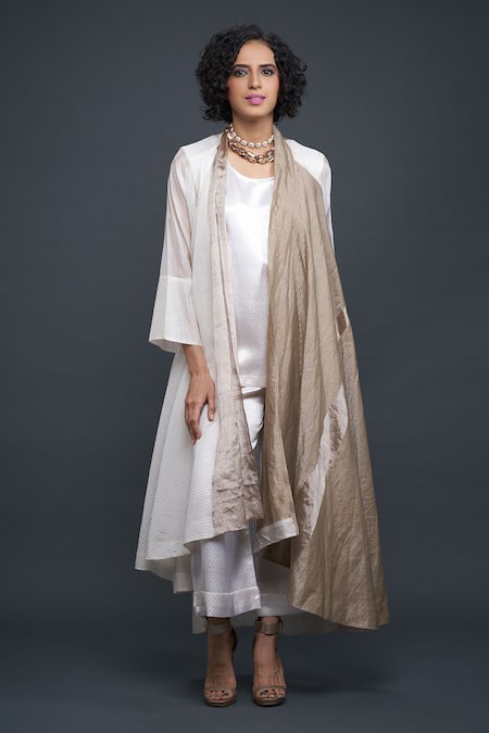 Bodhi Tree White Silk Organza Embroidery Top Round Jacket Open Textured And Pant Set 