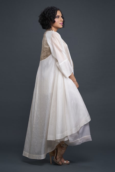 Shop Bodhi Tree White Silk Organza Embroidery Top Round Jacket Open Textured And Pant Set at Aza Fashions Shop_Bodhi Tree_White Silk Organza Embroidery Top Round Jacket Open Textured And Pant Set _at_Aza_Fashions