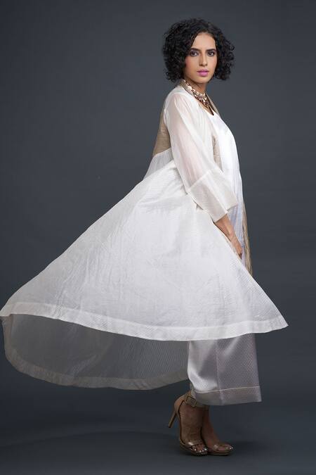 Bodhi Tree White Silk Organza Embroidery Top Round Jacket Open Textured And Pant Set Online at Aza Fashions Bodhi Tree_White Silk Organza Embroidery Top Round Jacket Open Textured And Pant Set _Online_at_Aza_Fashions