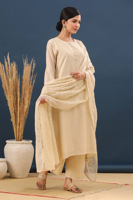Kameez_Beige Dupatta Kota Doriya, Kurta Chanderi, Carnation Caramel Printed Set_Online_at_Aza_Fashions