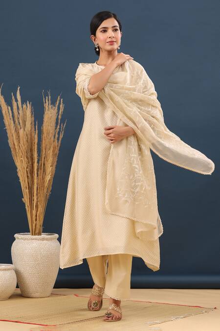 Buy_Kameez_Beige Dupatta Kota Doriya, Kurta Chanderi, Carnation Caramel Printed Set_Online_at_Aza_Fashions