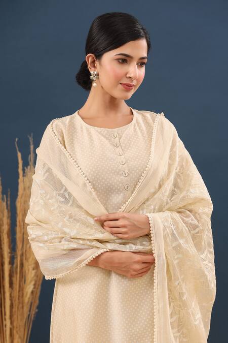 Shop_Kameez_Beige Dupatta Kota Doriya, Kurta Chanderi, Carnation Caramel Printed Set_Online_at_Aza_Fashions