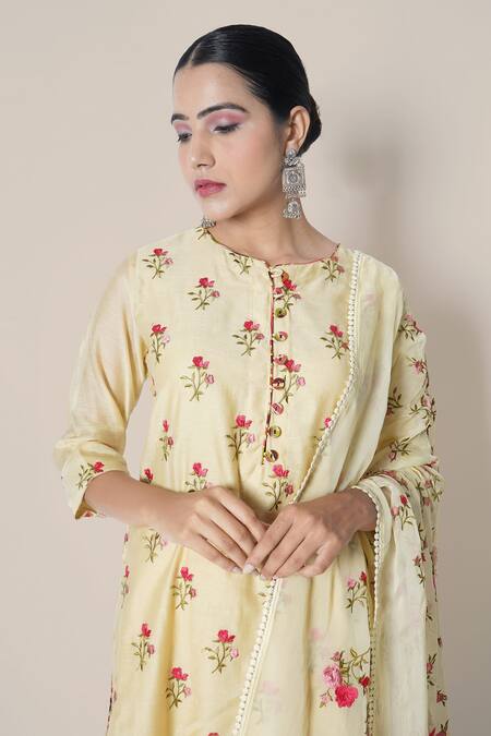 Buy_Kameez_Yellow Dupatta - Organza, Kurta - Chanderi, Pants - Cotton Embroidered Set _Online_at_Aza_Fashions
