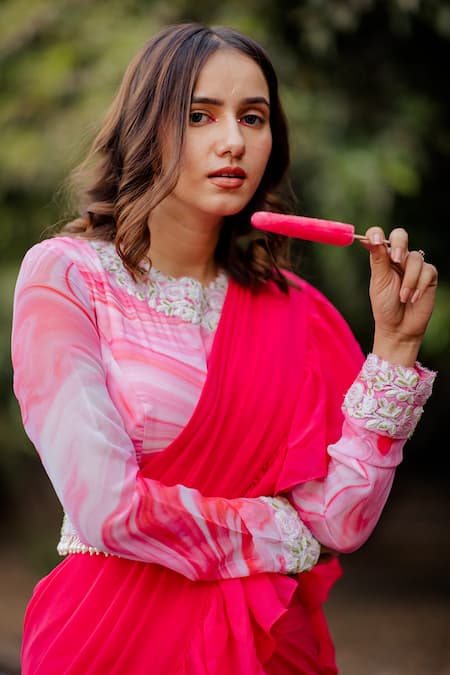 Shop_Nikita Vishakha_Pink Saree Georgette Blouse Linen Satin Floral Motifs Round Sharara With_Online_at_Aza_Fashions