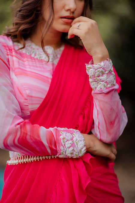 Nikita Vishakha_Pink Saree Georgette Blouse Linen Satin Floral Motifs Round Sharara With_at_Aza_Fashions