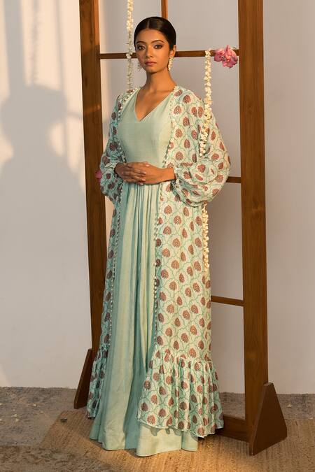 Shop_Sutrabysweta_Blue Cape Chiffon Printed And Embroidered Floral Cape Anarkali Set  _at_Aza_Fashions