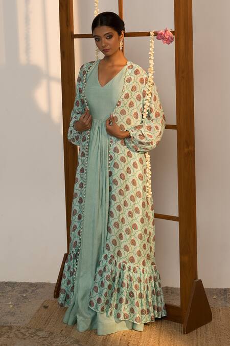 Sutrabysweta_Blue Cape Chiffon Printed And Embroidered Floral Cape Anarkali Set  _Online_at_Aza_Fashions