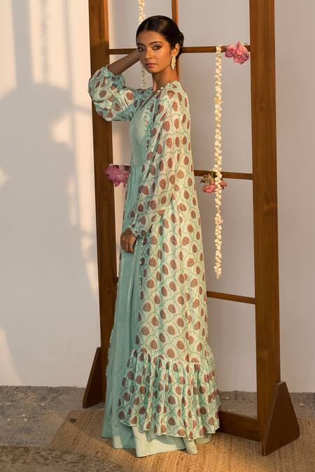 Shop_Sutrabysweta_Blue Cape Chiffon Printed And Embroidered Floral Cape Anarkali Set  _Online_at_Aza_Fashions