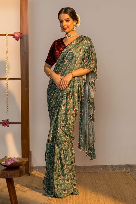 SutrabySweta Printed Pre-Draped Saree With Blouse 