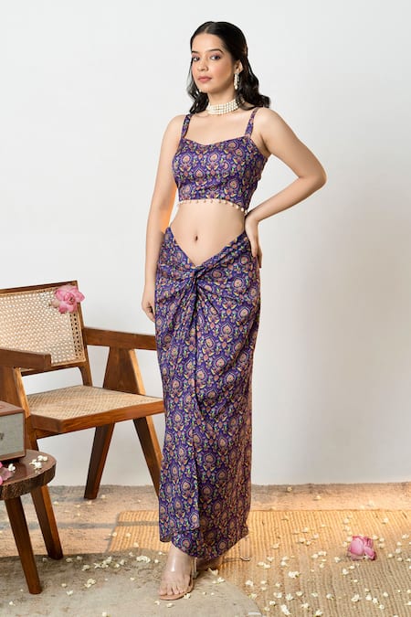 Shop_Sutrabysweta_Purple Silk Printed And Embroidered Floral Cape Open Skirt Set  _at_Aza_Fashions