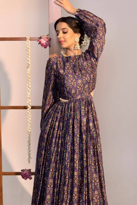 Shop Sutrabysweta Purple Chiffon Printed Floral Round Gown Online at Aza Fashions Shop_Sutrabysweta_Purple Chiffon Printed Floral Round Gown _Online_at_Aza_Fashions