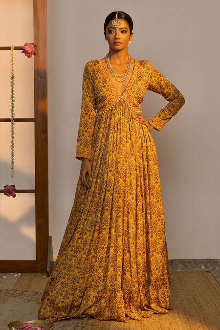 Shop_Sutrabysweta_Yellow Silk Printed And Embroidered Floral Deep V Anarkali With Dupatta  _at_Aza_Fashions