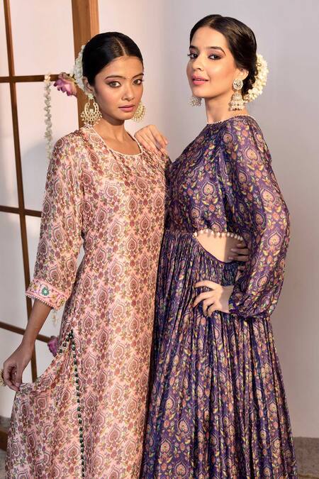 Sutrabysweta Purple Chiffon Printed Floral Round Gown at Aza Fashions Sutrabysweta_Purple Chiffon Printed Floral Round Gown _at_Aza_Fashions