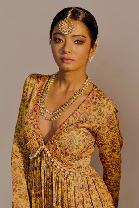 Sutrabysweta_Yellow Silk Printed And Embroidered Floral Deep V Anarkali With Dupatta  _Online_at_Aza_Fashions