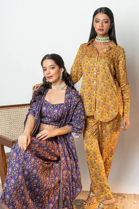 Buy_Sutrabysweta_Yellow Silk Printed And Embroidered Floral V Collar Shirt & Pant Set  _Online_at_Aza_Fashions