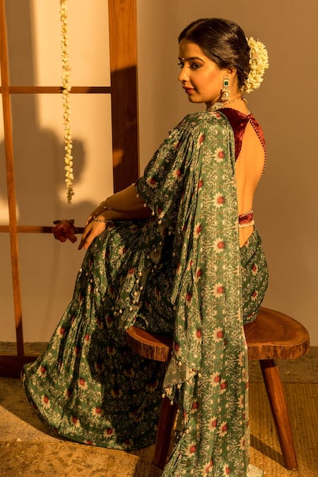 Shop_Sutrabysweta_Green Chiffon Printed And Embroidered Pre-draped Saree With Blouse  _at_Aza_Fashions