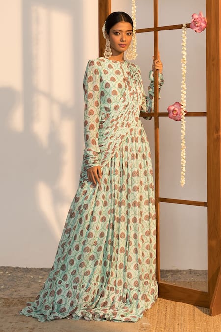 Shop_SutrabySweta_Blue Chiffon Printed Floral Round Draped Gown  _at_Aza_Fashions