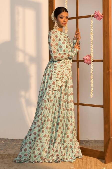 SutrabySweta_Blue Chiffon Printed Floral Round Draped Gown  _Online_at_Aza_Fashions