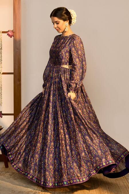 Shop Sutrabysweta Purple Chiffon Printed Floral Round Gown at Aza Fashions Shop_Sutrabysweta_Purple Chiffon Printed Floral Round Gown _at_Aza_Fashions