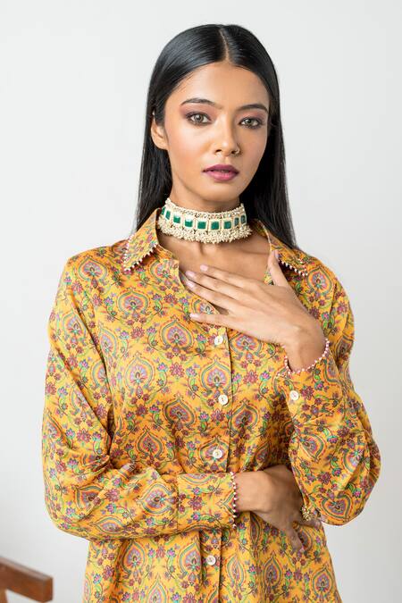 Sutrabysweta_Yellow Silk Printed And Embroidered Floral V Collar Shirt & Pant Set  _at_Aza_Fashions