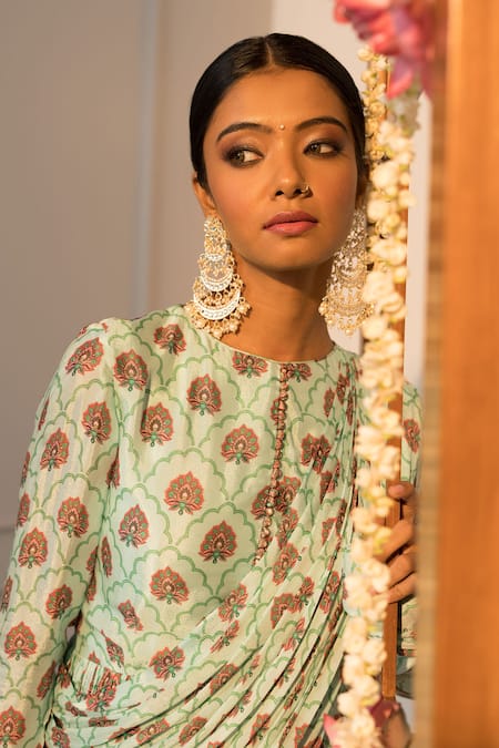Buy_SutrabySweta_Blue Chiffon Printed Floral Round Draped Gown  _Online_at_Aza_Fashions