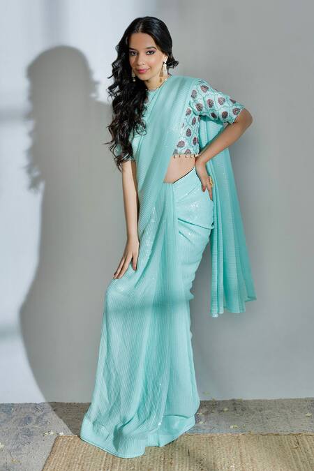 Shop_Sutrabysweta_Blue Chiffon Printed And Embroidered Sequin Work Saree With Blouse  _at_Aza_Fashions