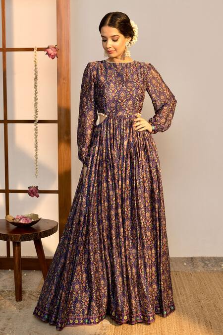Sutrabysweta Purple Chiffon Printed Floral Round Gown Online at Aza Fashions Sutrabysweta_Purple Chiffon Printed Floral Round Gown _Online_at_Aza_Fashions