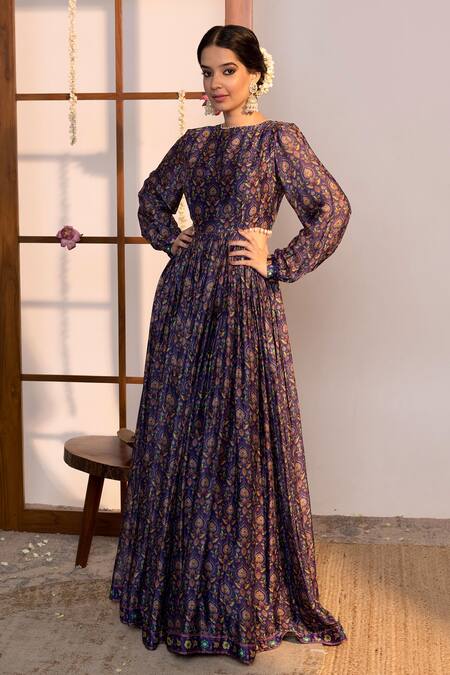 Buy Sutrabysweta Purple Chiffon Printed Floral Round Gown Online at Aza Fashions Buy_Sutrabysweta_Purple Chiffon Printed Floral Round Gown _Online_at_Aza_Fashions