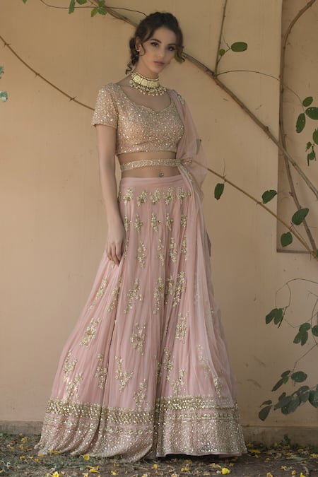 Shop Astha Narang Pink Net, Main Material Netlining Semi Crepe Embellished Lehenga Set at Aza Fashions Shop_Astha Narang_Pink Net, Main Material Netlining Semi Crepe Embellished Lehenga Set _at_Aza_Fashions