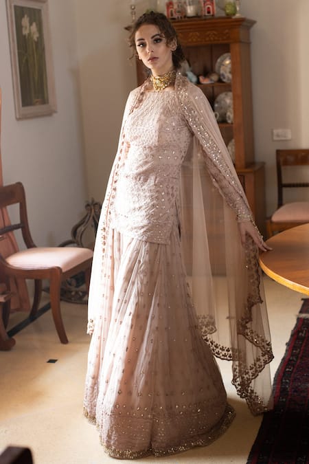 Shop Astha Narang Beige Net, Main Material Netlining Semi Embroidered Kurta Gharara Set at Aza Fashions Shop_Astha Narang_Beige Net, Main Material Netlining Semi Embroidered Kurta Gharara Set _at_Aza_Fashions