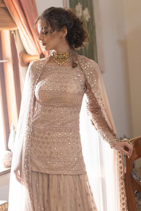 Astha Narang Beige Net, Main Material Netlining Semi Embroidered Kurta Gharara Set Online at Aza Fashions Astha Narang_Beige Net, Main Material Netlining Semi Embroidered Kurta Gharara Set _Online_at_Aza_Fashions