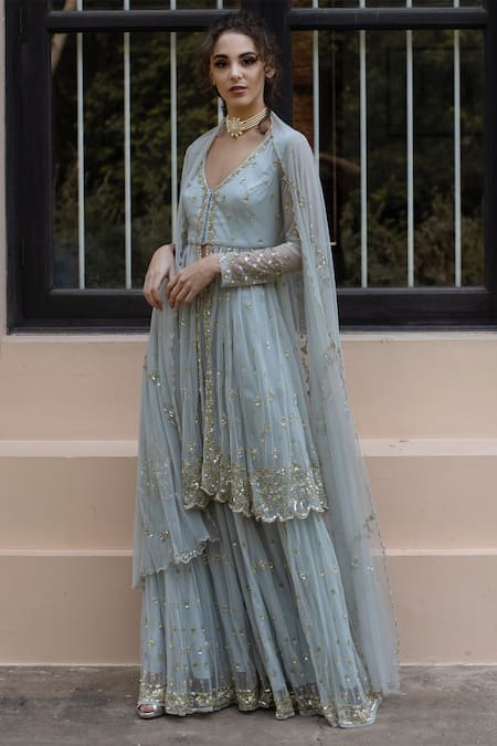 Shop Astha Narang Blue Net, Main Material Netlining Semi Embroidered Kurta Gharara Set at Aza Fashions Shop_Astha Narang_Blue Net, Main Material Netlining Semi Embroidered Kurta Gharara Set _at_Aza_Fashions