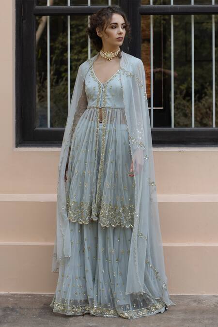 Astha Narang Blue Net, Main Material Netlining Semi Embroidered Kurta Gharara Set Online at Aza Fashions Astha Narang_Blue Net, Main Material Netlining Semi Embroidered Kurta Gharara Set _Online_at_Aza_Fashions