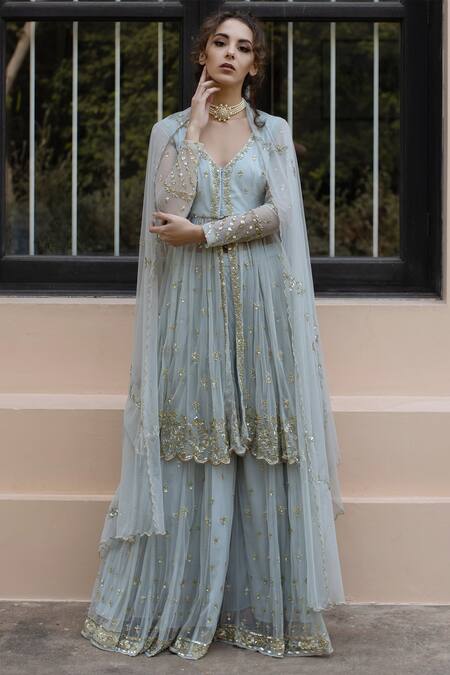 Buy Astha Narang Blue Net, Main Material Netlining Semi Embroidered Kurta Gharara Set Online at Aza Fashions Buy_Astha Narang_Blue Net, Main Material Netlining Semi Embroidered Kurta Gharara Set _Online_at_Aza_Fashions