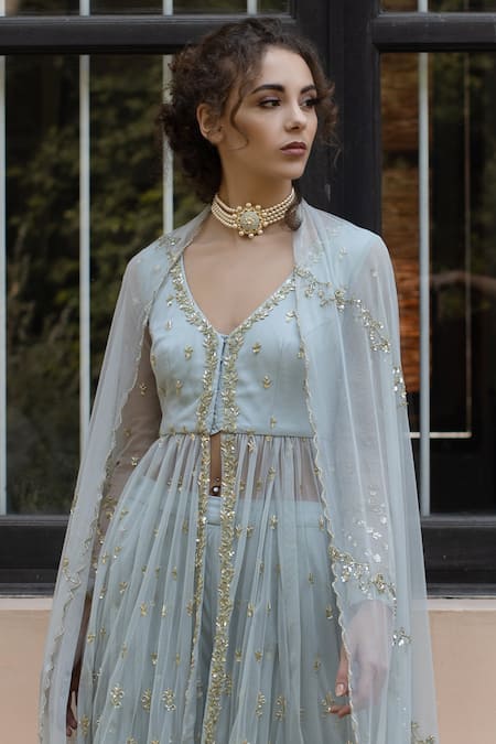Shop Astha Narang Blue Net, Main Material Netlining Semi Embroidered Kurta Gharara Set Online at Aza Fashions Shop_Astha Narang_Blue Net, Main Material Netlining Semi Embroidered Kurta Gharara Set _Online_at_Aza_Fashions