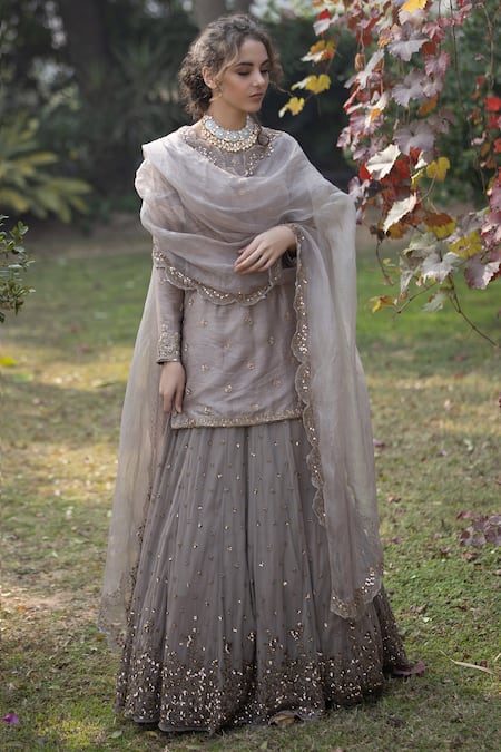 Astha Narang_Grey Net, Dupatta Organzalining Semi Crepe, Embellished Set _Online_at_Aza_Fashions