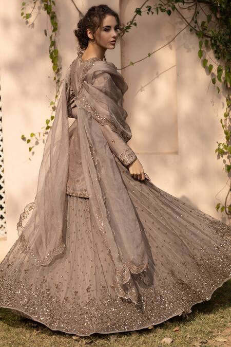 Shop_Astha Narang_Grey Net, Dupatta Organzalining Semi Crepe, Embellished Set _at_Aza_Fashions