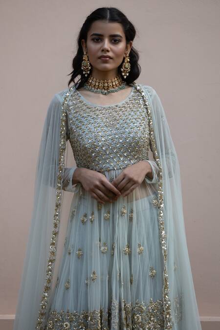 Shop_Astha Narang_Blue , Main Material lining Embellished Kurta Gharara Set _Online_at_Aza_Fashions